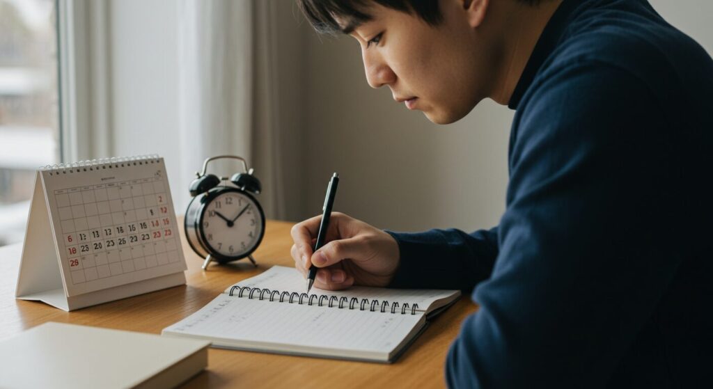 カレンダーを前に計画を立ててノートに書き込む日本人男性