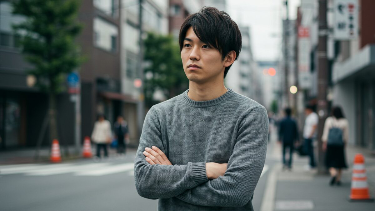 都会の街角で立ち止まり、腕を組んで真剣に考える日本人男性
