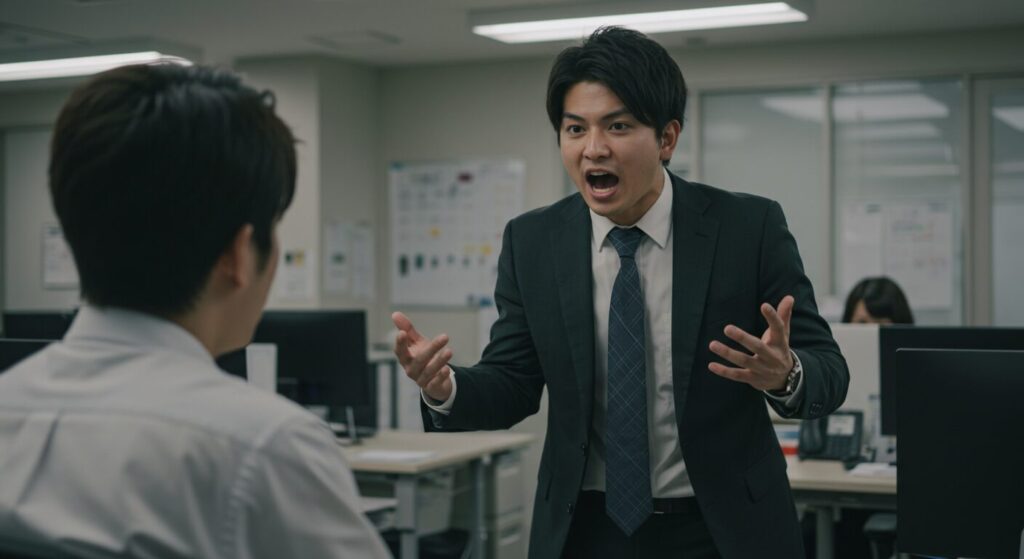 職場で衝動的に声を荒げている日本人男性のシーン
