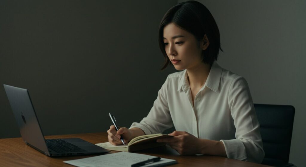 夜のオフィスで、パソコンを見ながら手帳に客観的な証拠として職場で起きた出来事を記録している日本人女性