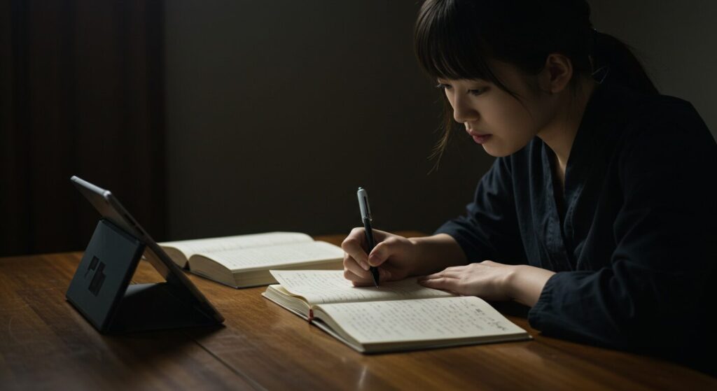 ノートに書き込みながら学んだ内容を整理する日本人女性