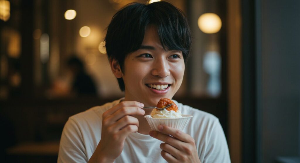 瞬間的な快楽を優先して笑顔でスイーツを楽しむ日本人男性