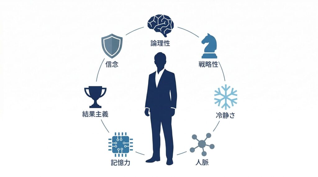 概念図：敵に回すと怖い人に共通する7つの特徴を、論理性・戦略性・冷静さ・人脈・記憶力・結果主義・信念の観点でアイコンとともに整理した図解。
