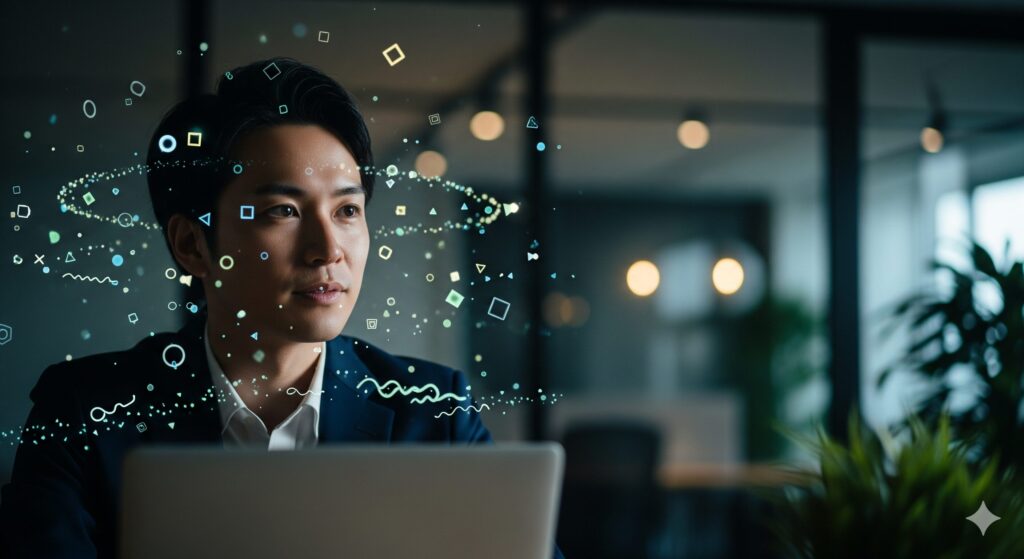キーワードが浮かび上がるように見える男性がPCを見つめている様子