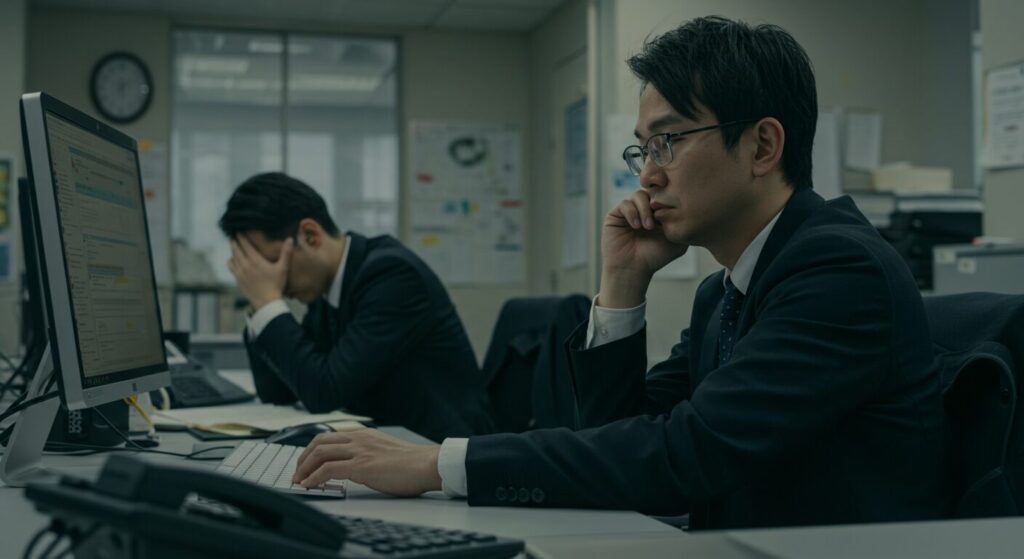 オフィスで頭を抱えて落ち込んでいる同僚を気にせず、無関心に自分の仕事をする共感性の欠如した男性