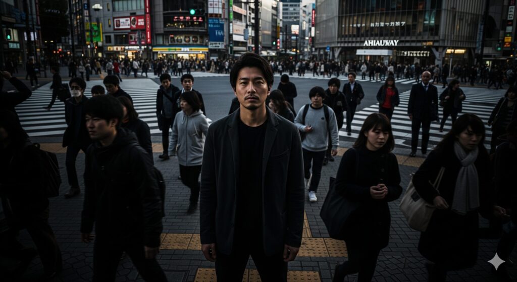 渋谷のスクランブル交差点で、周囲の人々と距離をとり孤独を感じている日本人男性