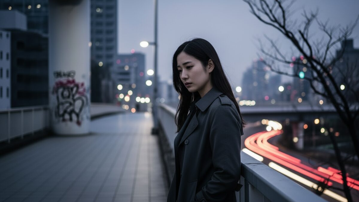 共感力がない状態を象徴する、夜の都市で一人たたずみ物思いにふける女性