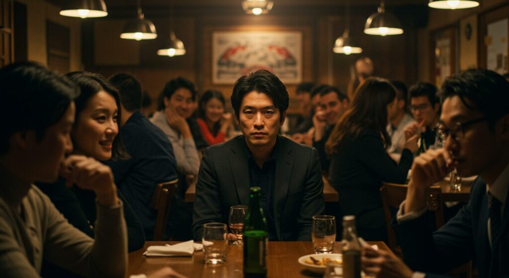賑やかなレストランで誰からも話しかけられず、信頼を失い孤立してしまった日本人男性