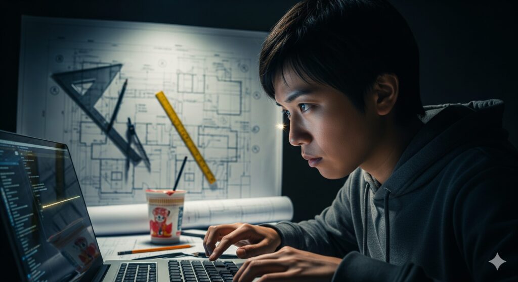 作業に没頭しすぎて周りが見えていない、集中する男性