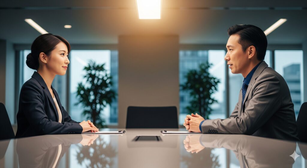 会議室で対面し、円満に話し合っている二人のビジネスパーソン