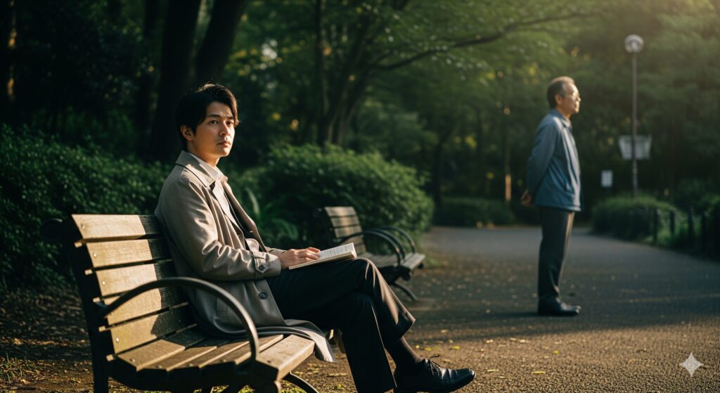 距離感の持ち方を表す、公園のベンチに座っている男性と離れて立っている男性