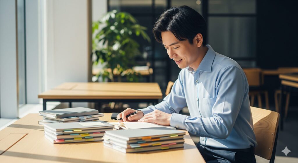 整理されたファイルやノートを見て満足げな表情の男性