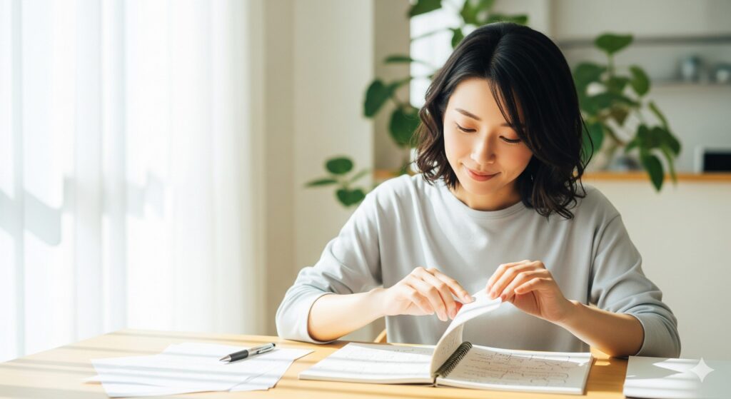 ノートをめくりながらメモを定期的に見返している日本人女性。学習や仕事の振り返りを通じて改善につなげる様子を表したイメージ