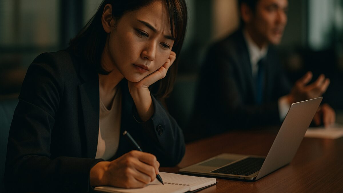 会議でメモを取る日本人の若手女性社員が不安そうにノートへ書き込む様子