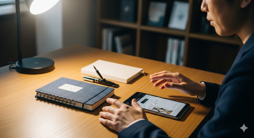 アナログノートとスマートフォンを使い分けている人物の手元