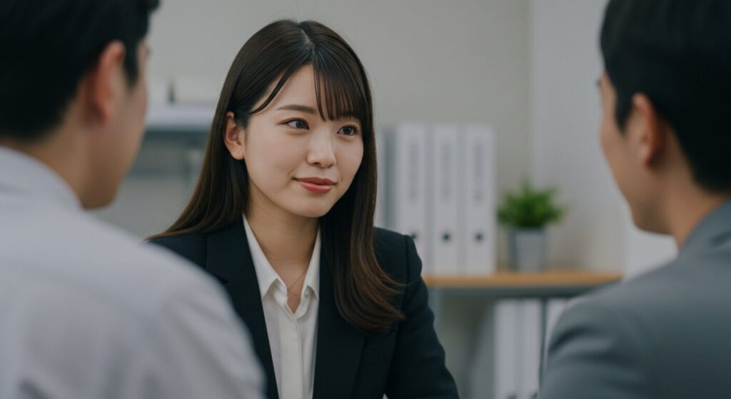 オフィスで真剣に相手の話を聞き、コミュニケーションを意識する日本人女性