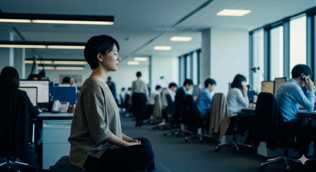 オフィスで座禅を組むような姿勢で瞑想するビジネスパーソン。ミスに対する心の準備や落ち着きを表している。