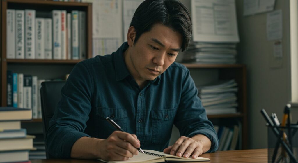 ノートに向かい集中して思考を整理する日本人男性