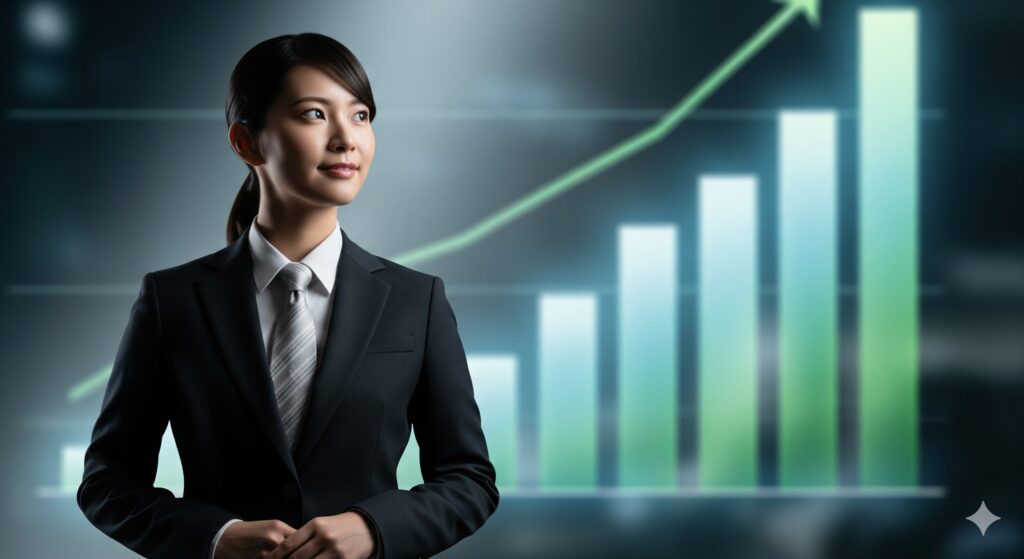 成長を示すグラフと、自信に満ちた表情の女性ビジネスパーソン。ミスの許容期間と個人の成長が視覚的に表現されている。