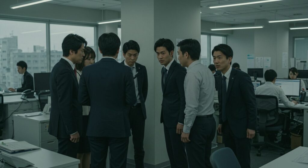 オフィスで数人の社員が輪になって密談し、表面化しづらい人間関係や派閥を形成している様子。