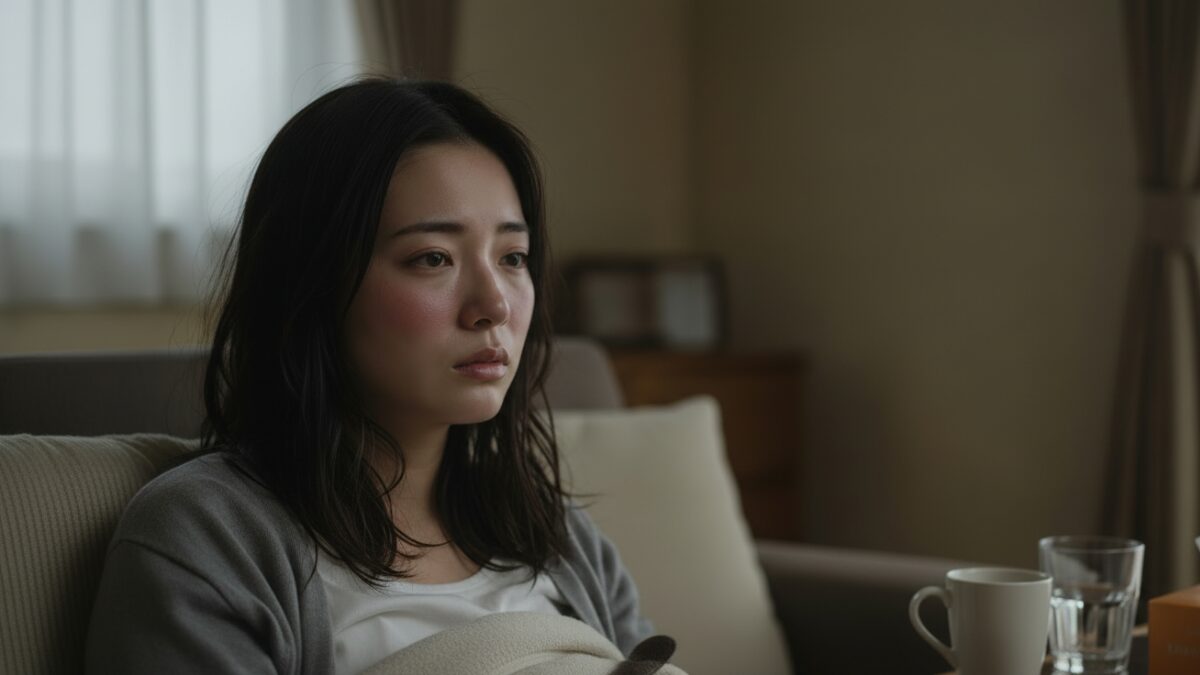 体調不良で自宅のソファーに座り、辛そうな表情を浮かべる女性