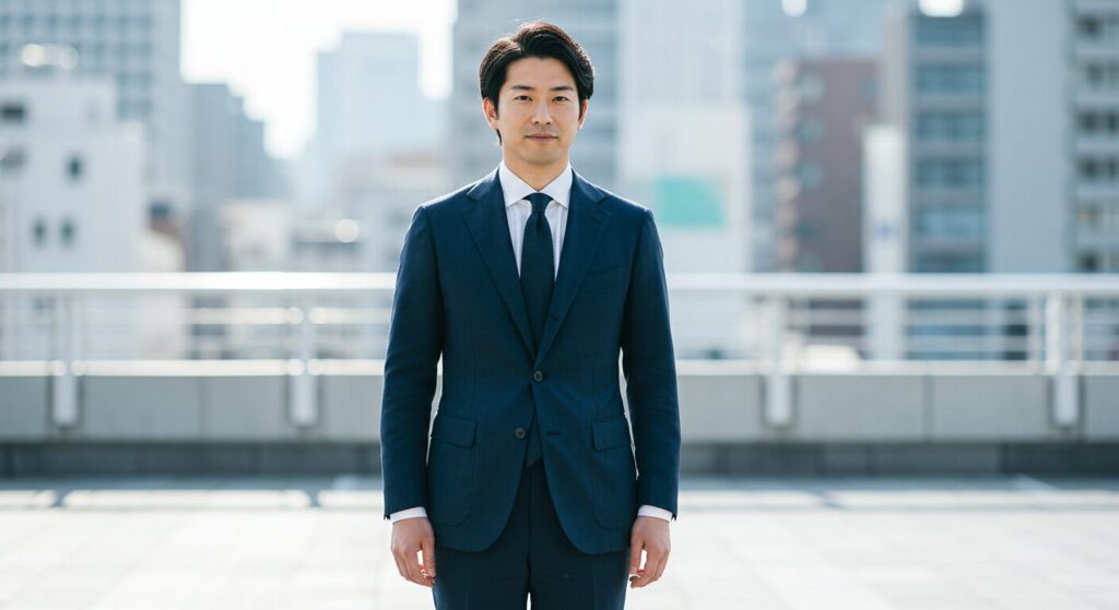 清潔感のあるスーツを着た日本人男性が自然光の中に立っている姿