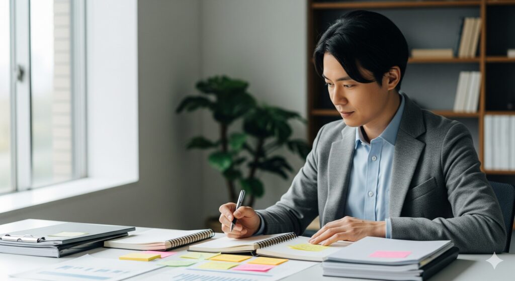 自身の言葉でメモをまとめ、情報を整理している男性