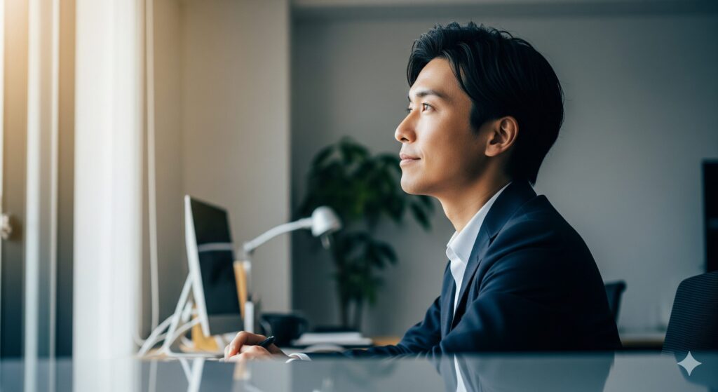 落ち着いた表情で先を見据え、賢く困難を乗り越えようとしているビジネスパーソン