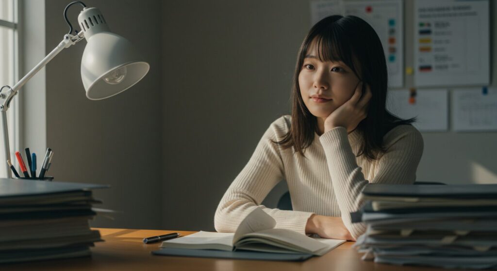 窓辺で書類に囲まれながら前向きに考える日本人女性が、完璧主義を和らげる姿勢を示している