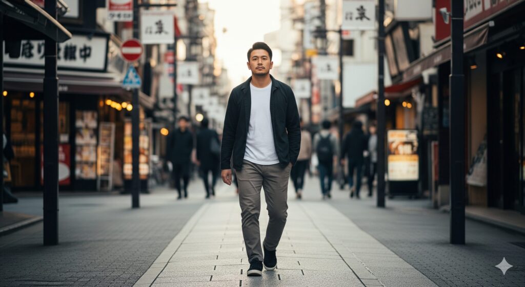 都会の街中を自信を持って自分らしく歩む男性