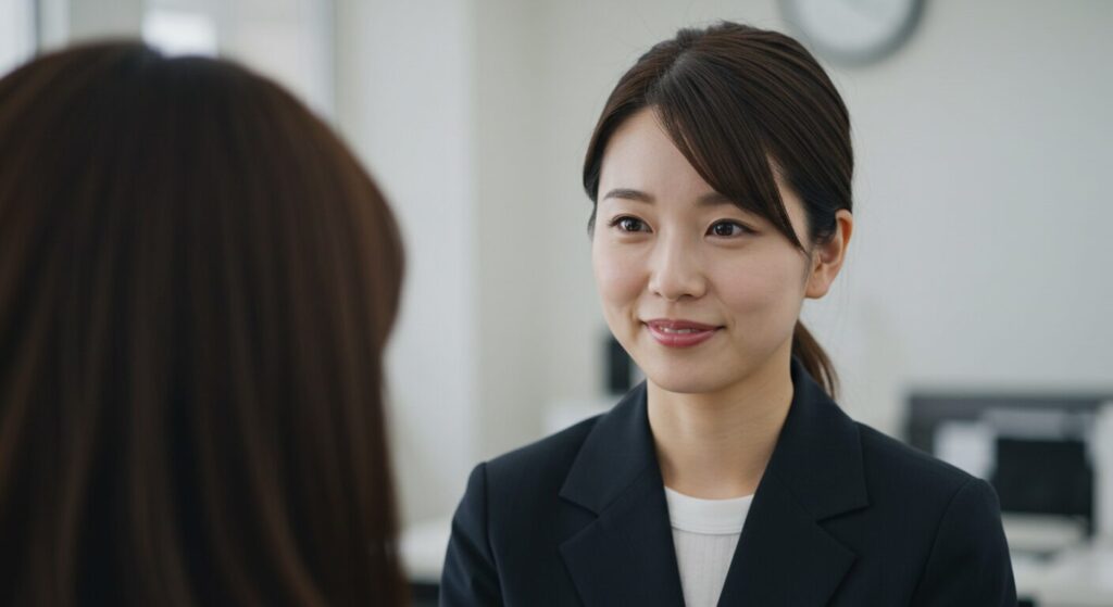 相手の話を穏やかな笑顔で聞き、角を立てずに受け流すコミュニケーション術を実践している日本人女性