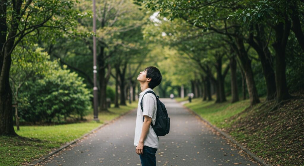 行動する前に公園で立ち止まり、空を見上げる日本人男性