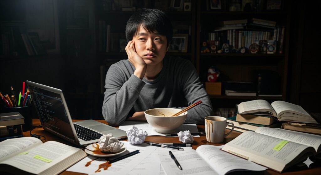 完璧主義ゆえに仕事が進まず、疲弊している様子の男性