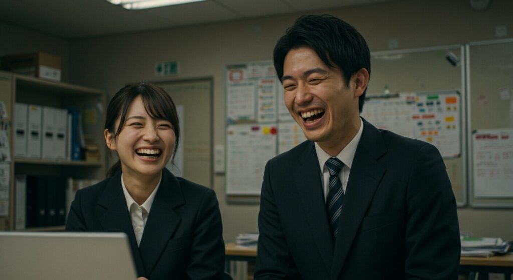 オフィスで笑い合う日本人男女。小さなミスが場を和ませている。