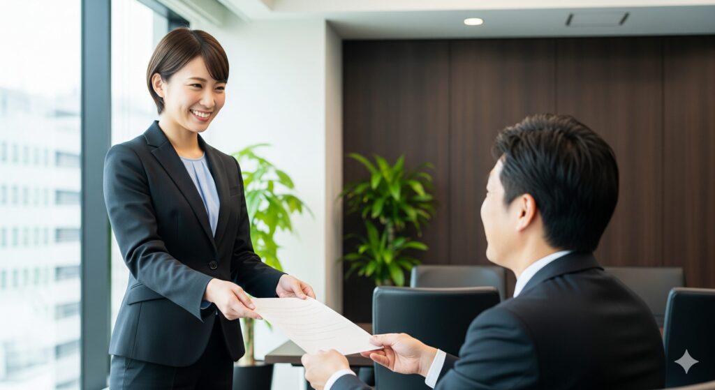 休んだ後も笑顔で上司に書類を提出し、印象を回復させている新入社員