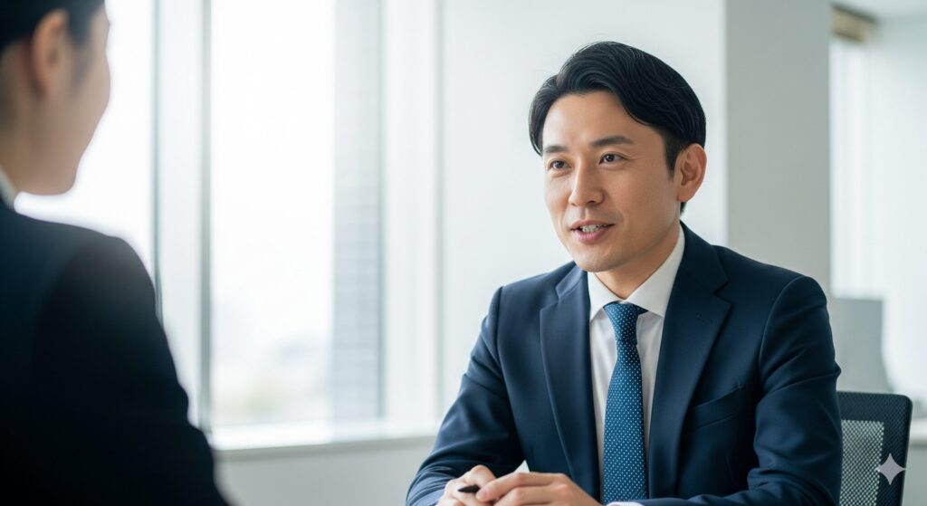 仕事で役立つ実践的な対処法を表す、同僚と落ち着いて話している日本人男性