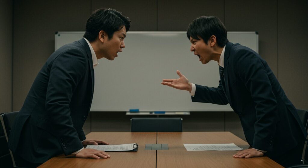 会議室で二人の日本人ビジネスマンが激しく言い争い、問題視されやすい行動をとっている場面。