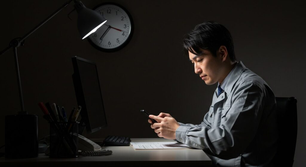 夜遅くまでデスクで悩む日本人男性会社員が、仕事に取りかかれずスマートフォンを見つめている
