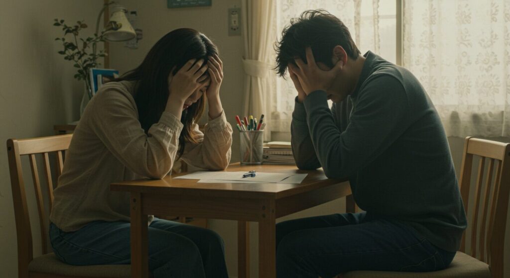 テーブルで頭を抱え込む日本人の男女が、先延ばしによる悩みや悪循環を象徴的に表している