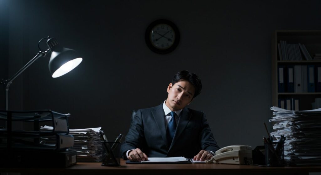 山積みの書類を前に思いつめた表情で座る日本人男性が、先延ばし癖の悪影響を示している