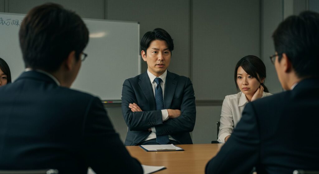 会議中に腕を組んで同僚を見下し、優位に立ちたいという心理状態を表現した日本人男性