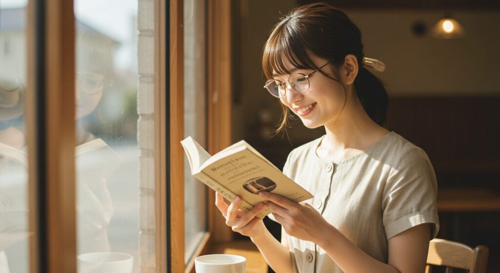 カフェで本を読みながら学習を習慣化している日本人女性