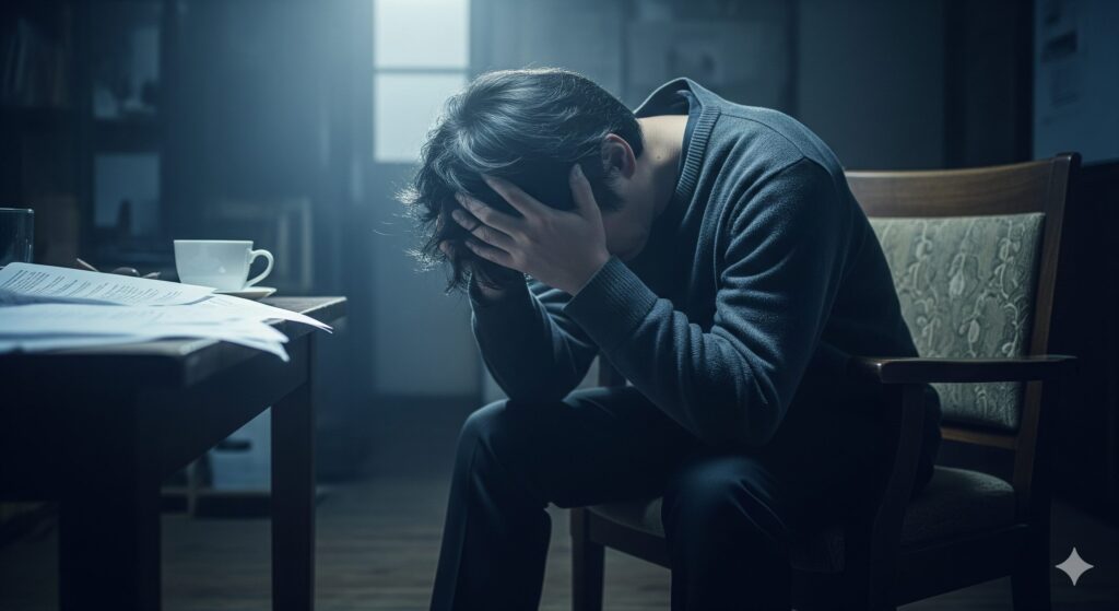 説明が伝わらず、精神的に疲弊し頭を抱えている日本人男性の後ろ姿