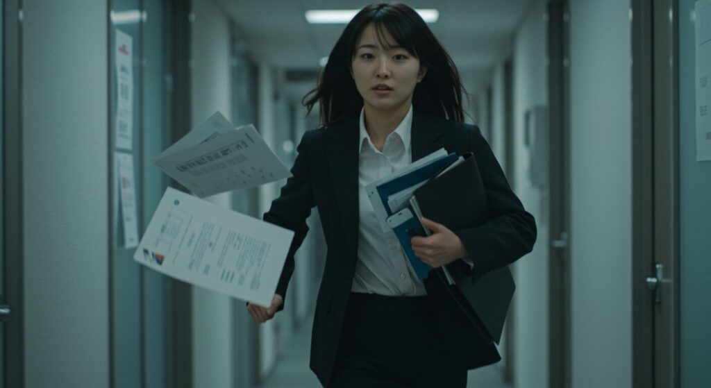オフィスの廊下を急ぎながら書類を抱える日本人女性。書類が落ちそうになっている。
