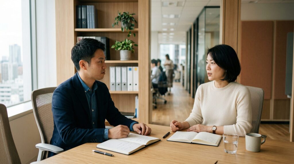 関係が悪化してしまった職場の相手と、冷静に向き合い対話を通じて関係を立て直そうとしている場面。