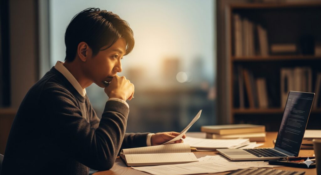資料を見ながら深く考え込んでいるビジネスパーソン。ミスから学び、次に活かすための振り返りの重要性を示唆。