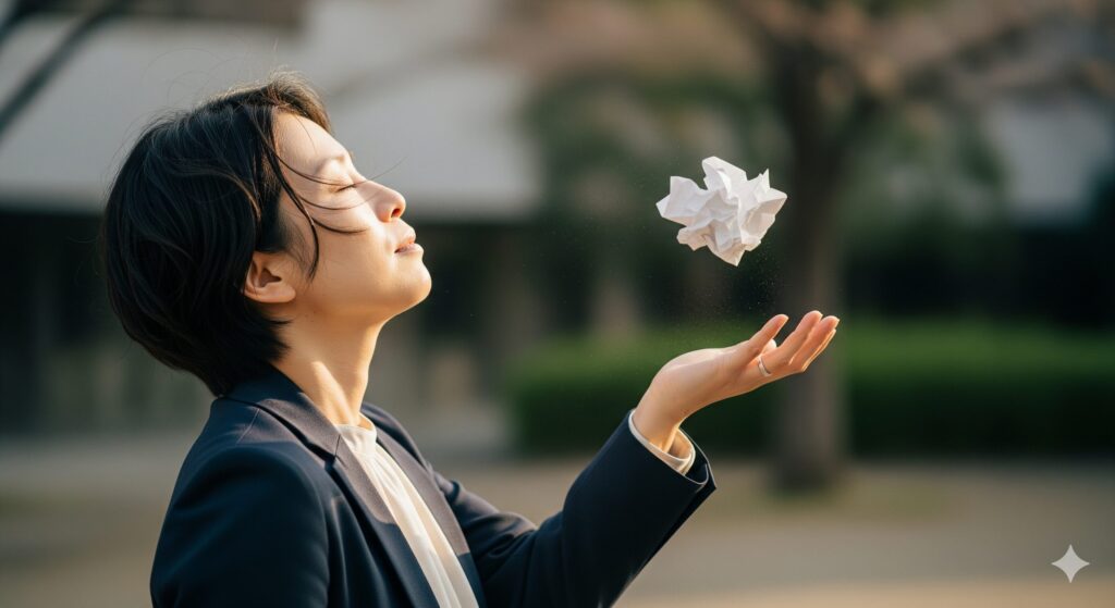 空に向かって紙を投げているビジネスパーソン。焦りや完璧主義を手放し、心を解放する様子を表現。