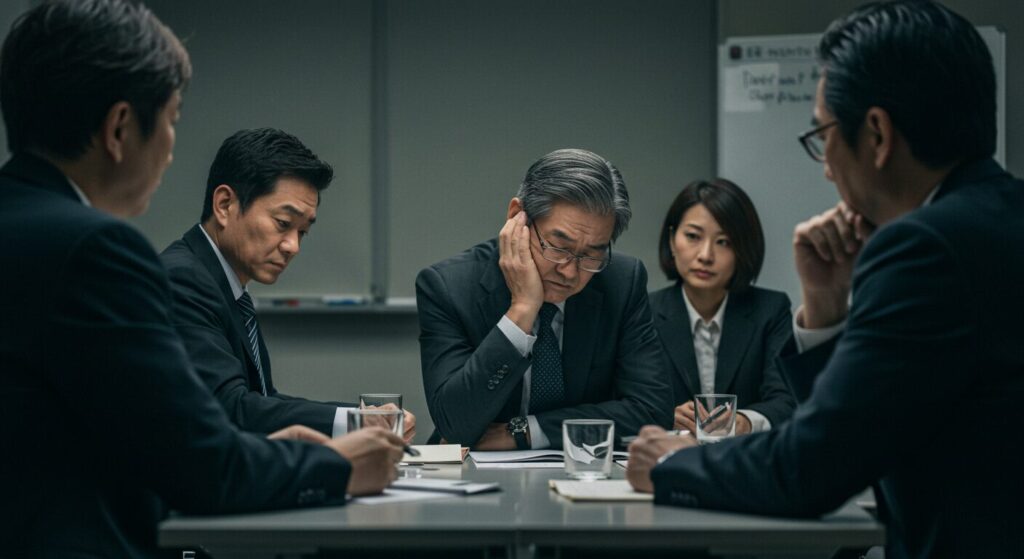 会議室で同僚から厳しい視線を向けられ、立場の逆転によって見下される立場になったことを悟るシニア男性