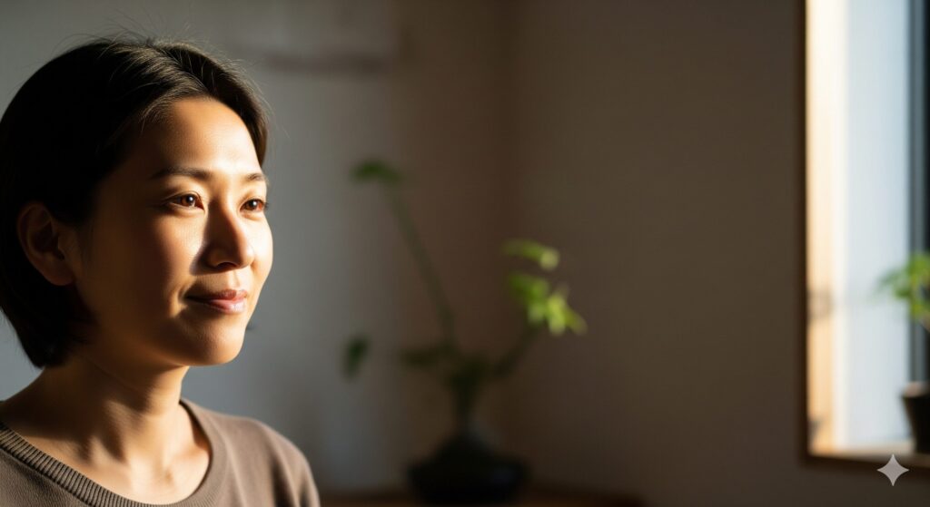 窓からの光を浴びながら穏やかな表情で自己肯定感を育む女性