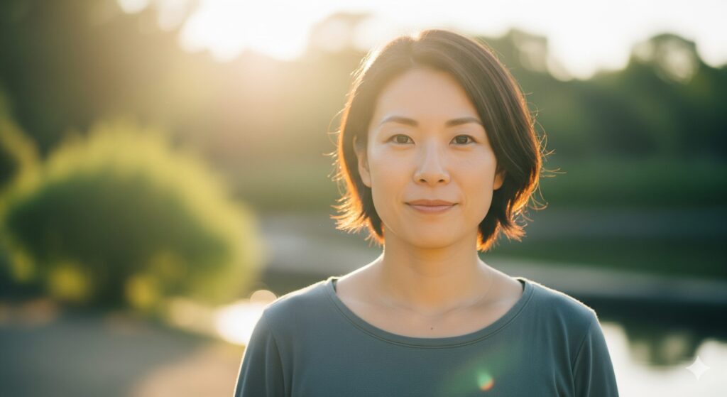 共感力を高める第一歩として、自分自身を受け入れ穏やかな表情で佇む女性